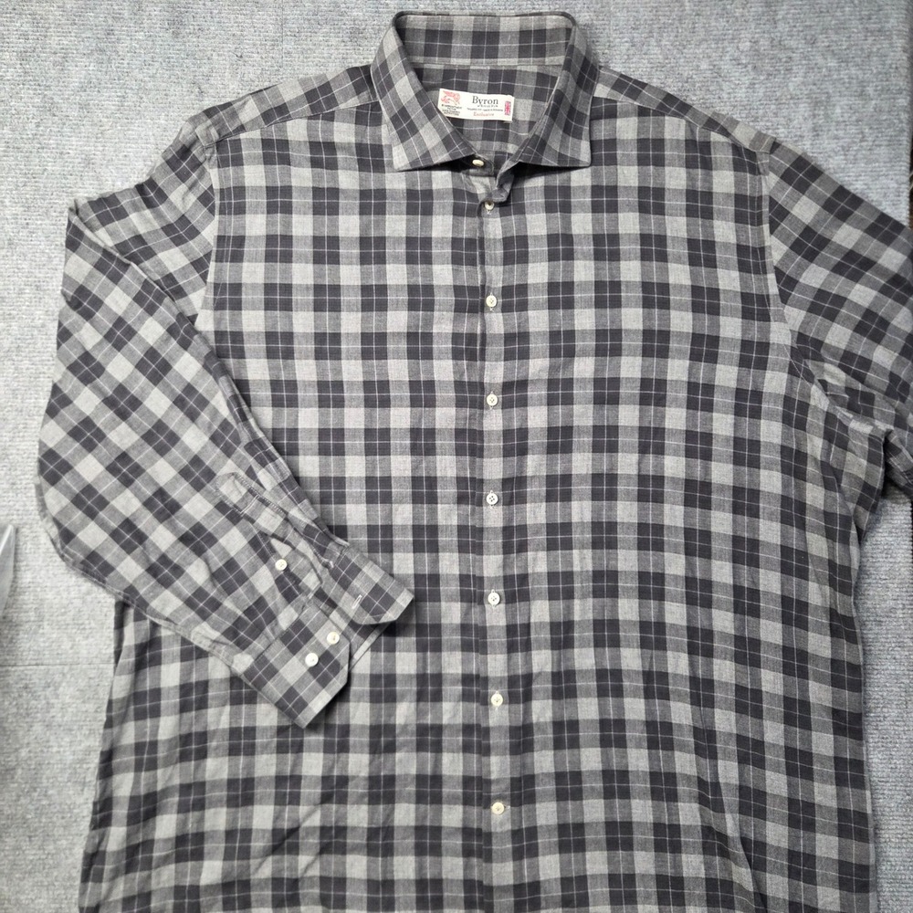 Byron British Style Mens XXL Gray Black Plaid Cotton Tailored Fit Button Up